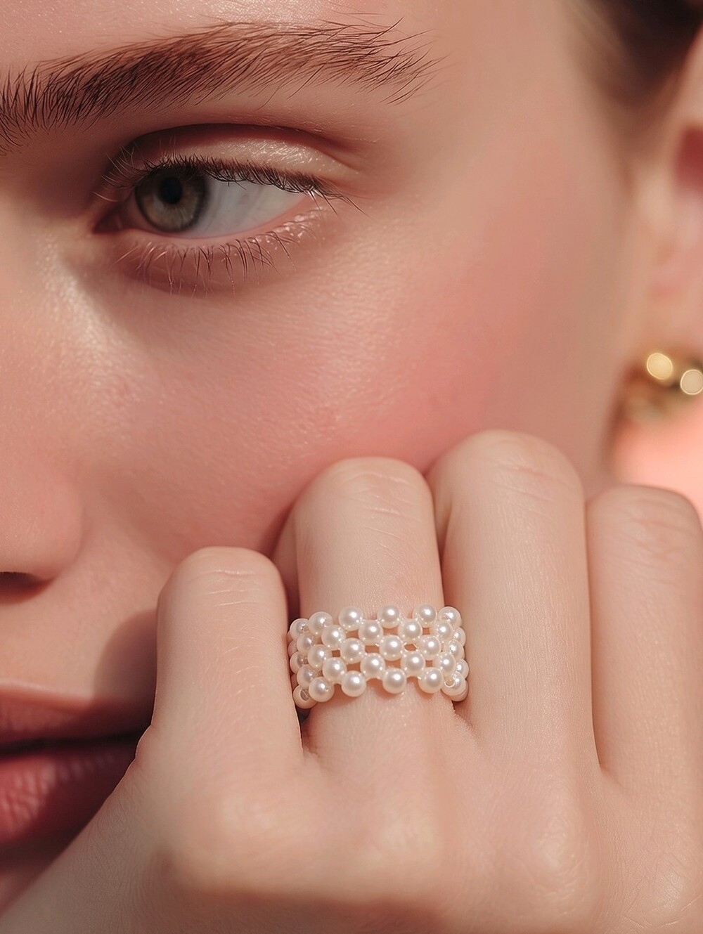 Wide Pearl Beaded Stretch Ring – Multi-Row Cluster | Adjustable Size Minimalist